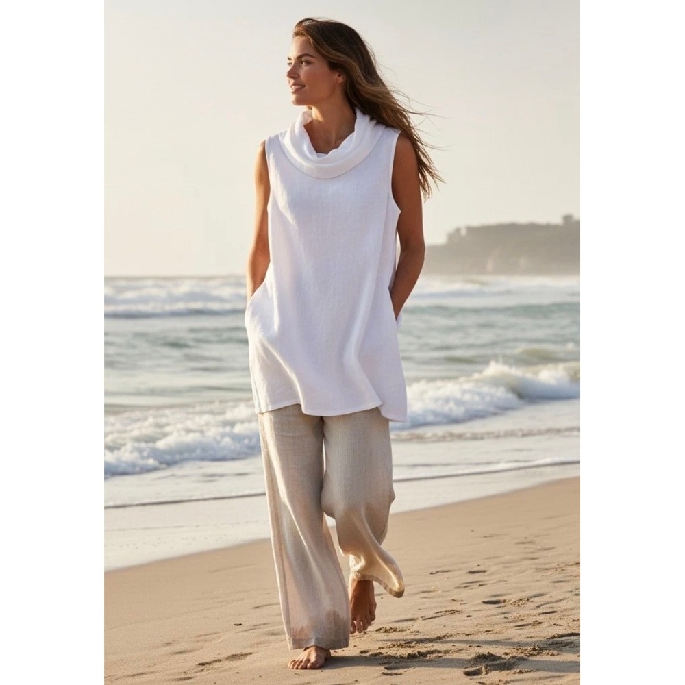 Match Point Women 100% Linen Cowl Neck Tunic Top XL White Lagenlook Boho Coastal